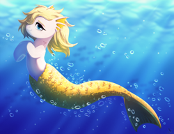 Size: 2000x1534 | Tagged: safe, alternate version, artist:dinoalpaka, derpibooru import, oc, oc only, oc:salmonia, fish, merpony, blue eyes, bubble, crepuscular rays, eyebrows, eyelashes, female, fish tail, flowing mane, flowing tail, gills, high res, looking at you, mare, mermaid tail, ocean, smiling, smiling at you, solo, sunlight, swimming, tail, underhoof, underwater, water, yellow mane