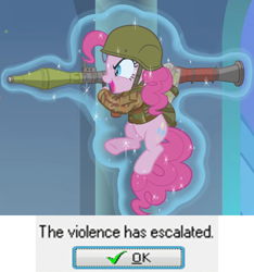 Size: 876x937 | Tagged: safe, derpibooru import, edit, edited screencap, screencap, pinkie pie, earth pony, pony, the ending of the end, clothes, cropped, female, floating, glare, helmet, levitation, magic, mare, military uniform, nose wrinkle, open mouth, rocket launcher, rpg-7, smiling, smirk, solo, telekinesis, the violence has escalated, underhoof, uniform