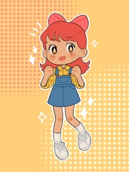 Size: 1536x2048 | Tagged: safe, artist:rosabeeart, derpibooru import, apple bloom, human, adorabloom, blushing, clothes, cute, denim skirt, flannel shirt, humanized, overalls, shoes, skirt, sneakers, socks, solo, sparkles