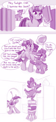 Size: 1080x2326 | Tagged: safe, artist:dstears, derpibooru import, spike, twilight sparkle, unicorn twilight, dragon, pony, unicorn, book, bookshelf, chair, comic, cookie, cookie jar, cute, dialogue, exclamation point, female, food, glowing, glowing horn, happy, horn, male, mare, open mouth, refrigerator, spikabetes, stool, tongue, tongue out, twiabetes, twilight sparkle is not amused, unamused