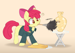 Size: 1280x900 | Tagged: safe, alternate version, artist:higglytownhero, derpibooru import, apple bloom, earth pony, pony, adorabloom, apple bloom's bow, bandaid, bow, cute, duster, female, filly, foal, hair bow, janitor, missing cutie mark, mouth hold, music notes, nft, pun, solo, towel, vase