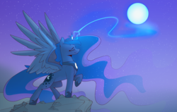 Size: 7627x4842 | Tagged: safe, artist:renderpoint, derpibooru import, princess luna, alicorn, pony, absurd resolution, cliff, eyes closed, female, freckles, full moon, glowing, glowing horn, horn, magic, mare, moon, moon work, moonrise, night, night sky, outdoors, peytral, profile, raised hoof, raised leg, raising the moon, sky, smiling, solo, spread wings, standing, starry night, stars, wings