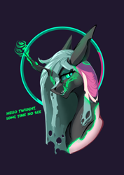 Size: 2480x3508 | Tagged: safe, artist:i love hurt, derpibooru import, queen chrysalis, changeling, changeling queen, g4, bust, eyelashes, female, horn, licking, licking lips, looking at you, mare, nimbus, portrait, purple background, sharp teeth, simple background, smiling, smiling at you, solo, teeth, tongue, tongue out, transformation