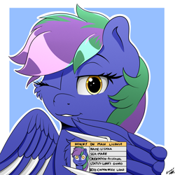 Size: 2000x2000 | Tagged: safe, artist:h3nger, derpibooru import, oc, oc only, oc:lishka, pegasus, pony, amber eyes, bust, cheek fluff, chest fluff, commission, commissioner:biohazard, eyebrows, eyelashes, female, horny on main, looking at you, multicolored hair, one eye closed, pegasus oc, portrait, simple background, solo, two toned mane, wing hands, wingblade, wings, wink, winking at you, ych result