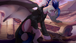 Size: 1202x676 | Tagged: safe, artist:calamity, derpibooru import, oc, oc only, oc:dusk blade, bat pony, pony, assassin, bat pony oc, bat wings, clothes, cloud, coat, crossover, day, eyebrows, eyelashes, fanfic art, male, roof, sky, solo, splinter rifle, spread wings, stallion, warhammer (game), warhammer 40k, wings