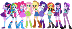 Size: 1600x653 | Tagged: safe, artist:pascalmulokozi2, artist:rupahrusyaidi, derpibooru import, applejack, fluttershy, pinkie pie, rainbow dash, rarity, sci-twi, sunset shimmer, twilight sparkle, equestria girls, belt, boots, clothes, cowboy boots, cowboy hat, hat, high heel boots, humane eight, humane five, humane seven, humane six, jacket, shirt, shoes, simple background, skirt, socks, solo, transparent background