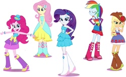 Size: 1147x700 | Tagged: safe, artist:pascalmulokozi2, derpibooru import, applejack, fluttershy, pinkie pie, rainbow dash, rarity, equestria girls, background removed, bare shoulders, boots, cowboy hat, hat, high heel boots, humane five, shoes, simple background, sleeveless, solo, strapless, white background