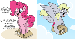 Size: 2958x1539 | Tagged: safe, artist:pony-thunder, derpibooru import, derpy hooves, pinkie pie, earth pony, pegasus, pony, box, cartoon physics, comic, delivery pony, heavy, if it fits it ships, pinkie being pinkie, pinkie physics