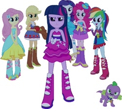Size: 826x738 | Tagged: safe, artist:pascalmulokozi2, derpibooru import, edit, screencap, applejack, fluttershy, pinkie pie, rainbow dash, rarity, spike, twilight sparkle, dog, equestria girls, background removed, bare shoulders, boots, clothes, dress, fall formal outfits, high heel boots, humane five, humane six, shoes, simple background, sleeveless, solo, spike the dog, strapless, white background