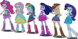 Size: 1355x683 | Tagged: safe, artist:pascalmulokozi2, derpibooru import, edit, screencap, applejack, fluttershy, pinkie pie, rainbow dash, rarity, twilight sparkle, equestria girls, bare shoulders, boots, fall formal outfits, high heel boots, humane five, humane six, shoes, simple background, sleeveless, solo, strapless, white background