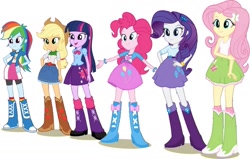 Size: 1099x700 | Tagged: safe, artist:pascalmulokozi2, derpibooru import, edit, screencap, applejack, fluttershy, pinkie pie, rainbow dash, rarity, twilight sparkle, equestria girls, belt, boots, clothes, cowboy boots, cowboy hat, hat, high heel boots, humane five, humane six, shirt, shoes, simple background, skirt, socks, solo, white background