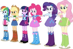 Size: 1031x700 | Tagged: safe, artist:pascalmulokozi2, derpibooru import, edit, screencap, applejack, fluttershy, pinkie pie, rainbow dash, rarity, twilight sparkle, equestria girls, belt, boots, clothes, cowboy boots, cowboy hat, hat, high heel boots, humane five, humane six, shirt, shoes, simple background, skirt, socks, solo, white background