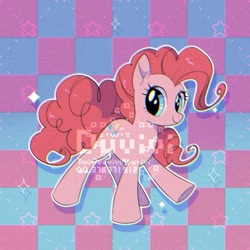 Size: 2000x2000 | Tagged: safe, artist:duvivi, derpibooru import, pinkie pie, earth pony, pony, checkered background, chromatic aberration, cute, diapinkes, female, high res, mare, solo, stars