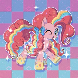 Size: 2000x2000 | Tagged: safe, alternate version, artist:duvivi, derpibooru import, pinkie pie, earth pony, pony, bow, checkered background, chromatic aberration, cute, diapinkes, female, hair bow, high res, mare, one eye closed, open mouth, rainbow power, rainbow power-ified, solo, stars, wink