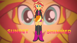 Size: 1244x700 | Tagged: safe, artist:rupahrusyaidi, derpibooru import, sunset shimmer, equestria girls, boots, clothes, high heel boots, jacket, shirt, shoes, skirt, solo