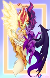 Size: 792x1224 | Tagged: safe, artist:inkkeystudios, derpibooru import, midnight sparkle, sunset shimmer, twilight sparkle, anthro, equestria girls, bare shoulders, daydream shimmer, duo, duo female, female, mare, sleeveless, strapless, wings