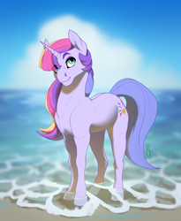 Size: 1800x2200 | Tagged: safe, artist:joan-grace, derpibooru import, oc, oc only, pony, unicorn, beach, commission, solo, water, ych result