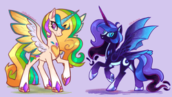 Size: 1734x978 | Tagged: safe, artist:rhythmcrown, derpibooru import, princess celestia, princess luna, alicorn, pony, duo, female, mare, redesign, royal sisters, siblings, signature, simple background, sisters, smiling, spread wings, wings