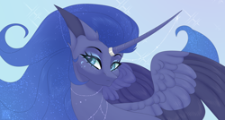 Size: 3840x2060 | Tagged: safe, artist:elektra-gertly, derpibooru import, princess luna, alicorn, pony, blue background, colored wings, curved horn, ethereal mane, facial markings, female, horn, horn jewelry, jewelry, long horn, mare, simple background, solo, spread wings, two toned wings, wings