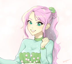 Size: 1000x900 | Tagged: safe, artist:extraluna, derpibooru import, fluttershy, better together, equestria girls, so much more to me, bust, female, grin, portrait, signature, simple background, smiling, solo