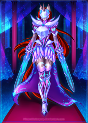 Size: 2893x4044 | Tagged: safe, artist:minamikoboyasy, derpibooru import, oc, oc only, oc:selune darkeye, anthro, plantigrade anthro, unicorn, armor, armor skirt, banner, blade, blades, body markings, carpet, cloak, clothes, coat markings, commission, curtains, cutie mark, ear fluff, ears, epaulettes, flowing mane, flowing tail, gauntlet, helmet, horn, looking at you, moon, redhead, skirt, smiling, smiling at you, solo, sword, tail, unicorn oc, visor, walking, walking towards you, weapon, window