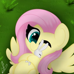 Size: 2000x2000 | Tagged: safe, artist:daftramms, derpibooru import, angel bunny, fluttershy, pegasus, pony, rabbit, angelbetes, animal, cute, eyes closed, fanart, fluttermom, hug, one eye closed, shyabetes