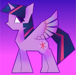 Size: 1085x1071 | Tagged: safe, artist:relighted, derpibooru import, twilight sparkle, twilight sparkle (alicorn), alicorn, pony, angular, female, gradient background, mare, purple, simple background, stippling, wings