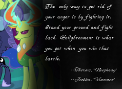 Size: 4096x3018 | Tagged: safe, artist:decokelow, derpibooru import, edit, edited screencap, screencap, princess luna, thorax, changedling, changeling, to where and back again, book:neighsay x vincenzo quotes, cropped, fimfiction, jeokha, king thorax, male, quote, solo focus, vincenzo