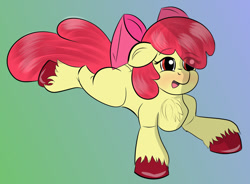 Size: 1000x735 | Tagged: artist needed, safe, derpibooru import, apple bloom, earth pony, pony, chest fluff, ears, eye clipping through hair, female, filly, floppy ears, foal, lying down, open mouth, prone, solo, unshorn fetlocks, young