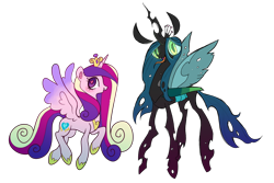 Size: 2194x1466 | Tagged: safe, artist:pinfeather, derpibooru import, princess cadance, queen chrysalis, alicorn, changeling, changeling queen, pony, canterlot wedding 10th anniversary, colored wings, crown, cute, cutealis, cutedance, duo, female, jewelry, mare, regalia, simple background, transparent background, two toned wings, wings