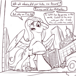 Size: 1500x1500 | Tagged: safe, artist:tsitra360, derpibooru import, discord, fluttershy, pegasus, pony, city, dialogue, discord (program), female, fluttershy day, giant pony, grayscale, low angle, macro, mare, monochrome, sketch, solo focus, taxi