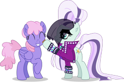 Size: 5865x3890 | Tagged: safe, artist:thatusualguy06, derpibooru import, coloratura, rainbowshine, earth pony, pegasus, pony, the mane attraction, .svg available, :d, ^^, absurd resolution, clothes, countess coloratura, duo, duo female, eyes closed, female, hoofsies, jacket, open mouth, open smile, raised hoof, raised leg, simple background, smiling, stamp, svg, transparent background, vector, veil