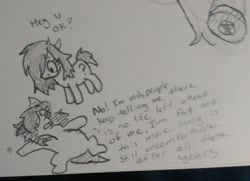 Size: 2048x1483 | Tagged: safe, artist:pony quarantine, derpibooru import, oc, oc only, oc:anon-mare, earth pony, pony, dialogue, duo, existential crisis, female, grayscale, hair over one eye, lying down, mare, monochrome, on back, pencil drawing, traditional art