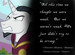 Size: 4096x3018 | Tagged: safe, artist:decokelow, derpibooru import, edit, edited screencap, screencap, chancellor neighsay, pony, unicorn, school raze, book:neighsay x vincenzo quotes, clothes, gritted teeth, male, quote, robe, stallion, teeth, vincenzo, vincenzo cassano
