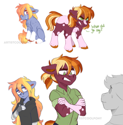 Size: 2455x2501 | Tagged: safe, artist:artistcoolpony, derpibooru import, oc, oc:auburn sky, oc:sunny harvest, anthro, earth pony, pony, coat markings, crossed arms, crying, duo focus, female, filly, foal, mare, offspring, parent:big macintosh, parent:rainbow dash, parents:rainbowmac, siblings, simple background, sisters, socks (coat marking), white background