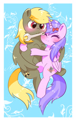 Size: 1576x2508 | Tagged: safe, artist:leo19969525, derpibooru import, oc, oc only, alicorn, pegasus, pony, ^^, blushing, duo, eyes closed, female, folded wings, horn, hug, male, mare, mouth hold, oc x oc, shipping, simple background, smiling, stallion, straight, white background, winghug, wings, wrench