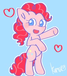 Size: 976x1115 | Tagged: safe, artist:oekakikumao, derpibooru import, pinkie pie, earth pony, pony, bipedal, blue background, female, heart, looking at you, mare, open mouth, open smile, simple background, smiling, smiling at you, solo