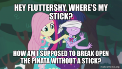 Size: 800x450 | Tagged: safe, derpibooru import, edit, edited screencap, screencap, fluttershy, sci-twi, twilight sparkle, better together, equestria girls, stressed in show, blindfold, caption, image macro, text