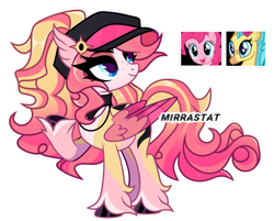 Size: 1280x1027 | Tagged: safe, artist:mirrastat, derpibooru import, pinkie pie, princess skystar, oc, hybrid, pegasus, pony, my little pony: the movie, base used, eyelashes, female, hat, interspecies offspring, lesbian, looking back, magical lesbian spawn, mare, offspring, parent:pinkie pie, parent:princess skystar, parents:skypie, pegasus oc, raised hoof, raised leg, shipping, simple background, skypie, smiling, transparent background, unshorn fetlocks, wings