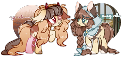 Size: 2964x1386 | Tagged: safe, artist:cafne, derpibooru import, oc, oc only, earth pony, pony, base used, braid, clothes, duo, ear fluff, ears, earth pony oc, eyelashes, eyepatch, female, horns, mare, raised hoof, raised leg, simple background, smiling, socks, transparent background