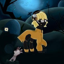 Size: 4338x4347 | Tagged: safe, artist:nikachyy, derpibooru import, oc, oc only, earth pony, pony, undead, zombie, clothes, earth pony oc, gravestone, outdoors, worried