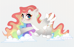 Size: 2734x1752 | Tagged: safe, artist:whohwo, derpibooru import, oc, oc only, pegasus, pony, blushing, cloud, colored hooves, colored wings, eyelashes, female, flying, freckles, gray background, makeup, mare, multicolored hair, pegasus oc, rainbow hair, simple background, two toned wings, wings