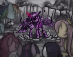 Size: 1024x802 | Tagged: safe, artist:zetamad, derpibooru import, applejack, fluttershy, mean twilight sparkle, pinkie pie, rainbow dash, rarity, twilight sparkle, alicorn, earth pony, pegasus, pony, unicorn, female, glowing, glowing eyes, log, mane six, mare, rebirth, revived, rock, spread wings, wings