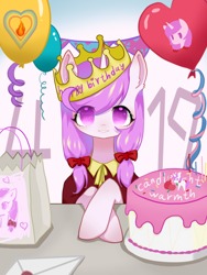 Size: 1080x1440 | Tagged: safe, artist:bonecrow, derpibooru import, oc, oc only, oc:candlelight warmth, pony, unicorn, balloon, birthday, birthday cake, birthday gift, bow, cake, crown, cute, female, food, hair bow, horn, jewelry, letter, looking at you, mare, pigtails, regalia, unicorn oc