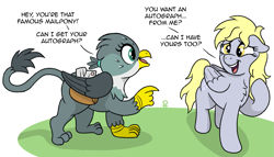 Size: 1537x877 | Tagged: safe, artist:pony-thunder, derpibooru import, derpy hooves, gabby, griffon, pegasus, bag, comic, cute, derp, dialogue, mail, mailbag, mailmare, open mouth, raised hoof, raised leg, smiling, teeth