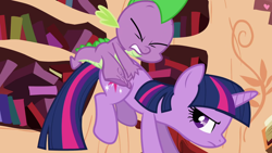 Size: 1920x1080 | Tagged: safe, derpibooru import, screencap, spike, twilight sparkle, unicorn twilight, dragon, pony, unicorn, the cutie pox, bucking, female, golden oaks library, male, mare, out of context, pain