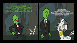 Size: 1940x1080 | Tagged: safe, artist:happy harvey, derpibooru import, zecora, oc, oc:anon, human, zebra, 2 panel comic, bracelet, bush, clothes, comic, dialogue, drawn on phone, drawthread, ear piercing, earring, everfree forest, jewelry, looking up, necktie, open mouth, pants, piercing, rhyme, singing, suit, tree, witch doctor