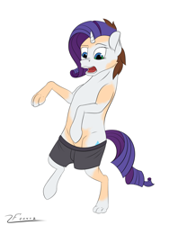 Size: 2448x3264 | Tagged: safe, artist:furnaise, derpibooru import, rarity, human, pony, unicorn, bipedal, clothes, human to pony, male to female, mid-transformation, open mouth, rule 63, shorts, solo, species swap, transformation, transgender transformation