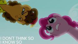 Size: 1280x720 | Tagged: safe, derpibooru import, edit, edited screencap, editor:quoterific, screencap, cheese sandwich, pinkie pie, earth pony, pony, pinkie pride, season 4, duo, female, male, mare, stallion, text