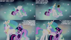 Size: 1280x720 | Tagged: safe, derpibooru import, edit, edited screencap, editor:quoterific, screencap, princess celestia, twilight sparkle, unicorn twilight, alicorn, pony, unicorn, magical mystery cure, season 3, book, butt, duo, eyes closed, female, hug, magic, mare, open mouth, smiling, spread wings, telekinesis, text, twibutt, wings